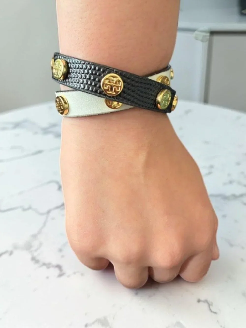 Tory Burch Double Wrap Logo Leather Bracelet Black & Gold